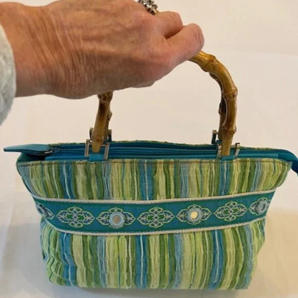 BRACIANO | Vintage Green & Blue Small Tote Purse Bag w/Round Mirror inserts - Picture 3 of 11